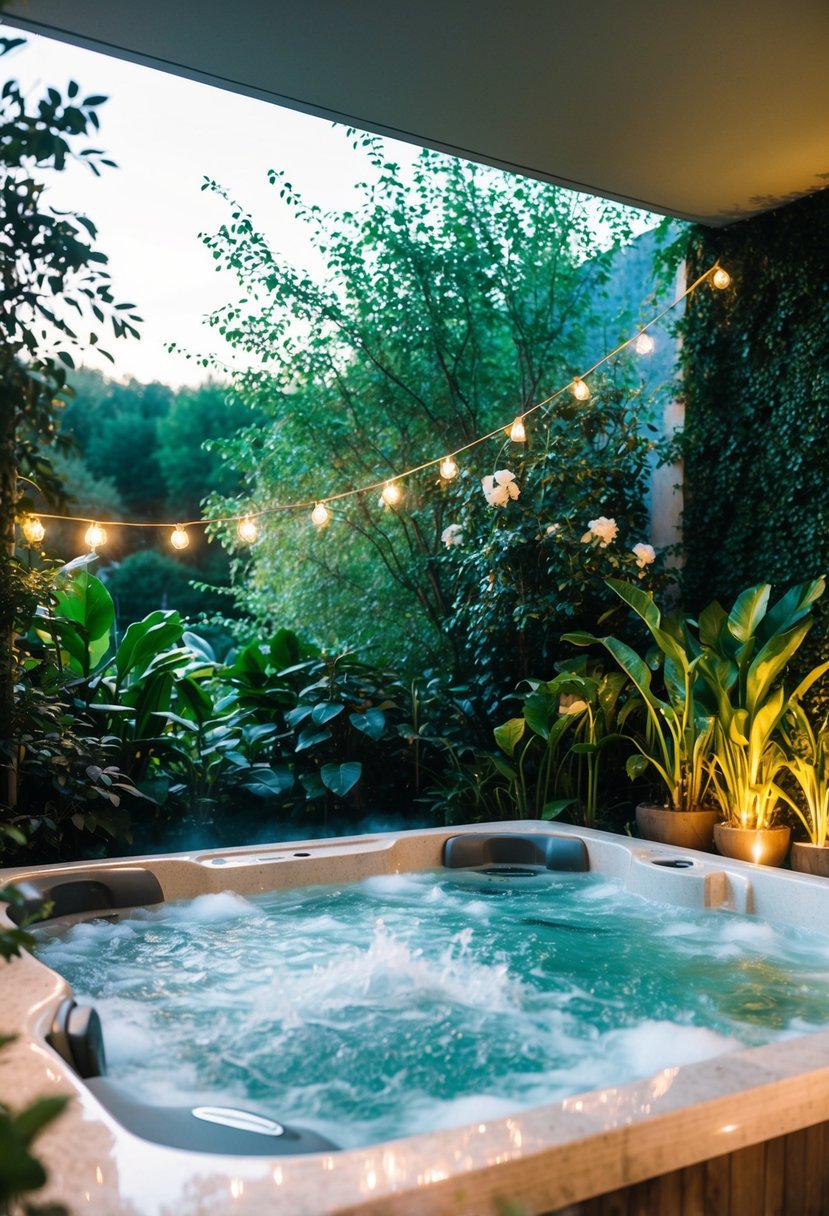 A serene spa with a bubbling hot tub, soft lighting, and lush greenery, creating a peaceful atmosphere for a couple's 16th wedding anniversary celebration