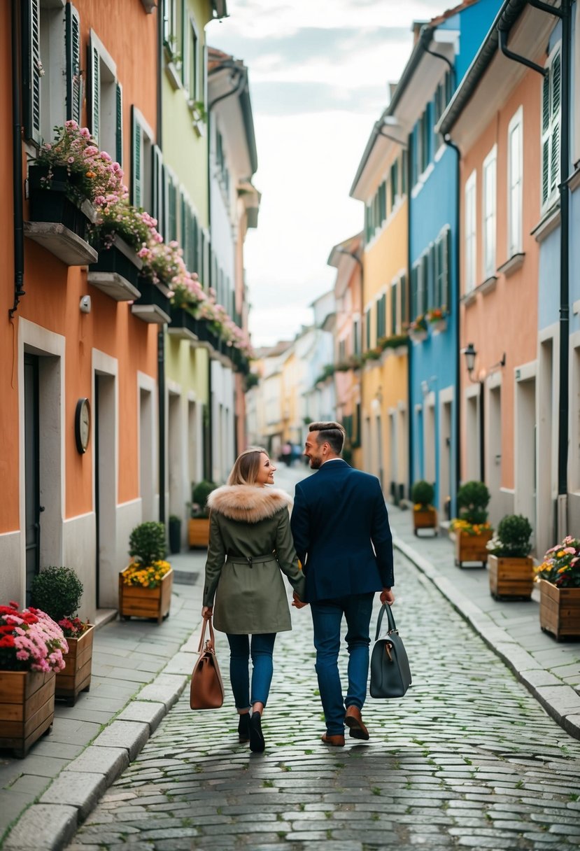 A couple strolls through a charming cobblestone street lined with colorful buildings, quaint cafes, and blooming flower boxes