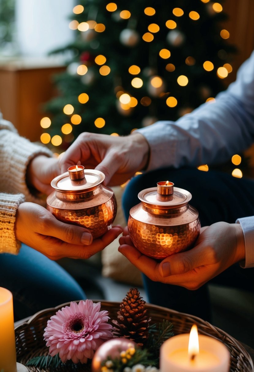 A couple's hands exchanging traditional copper gifts in a cozy home setting with candles and flowers