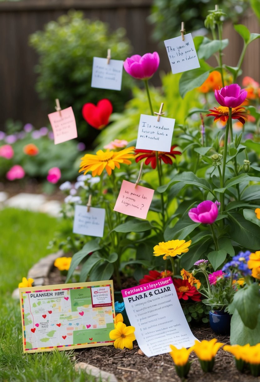 A backyard garden with hidden love notes among colorful flowers and decorative items, including a map and clues for a fun scavenger hunt