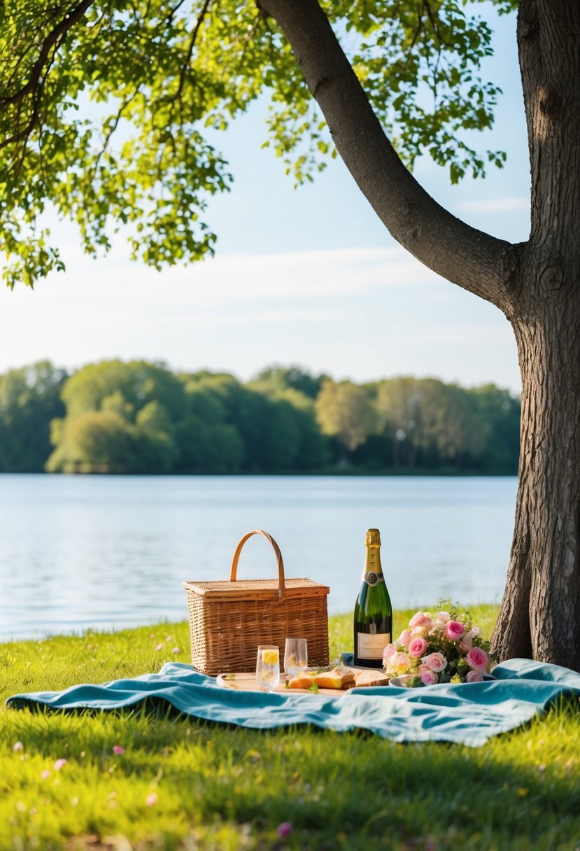 A couple's picnic under a tree, with a blanket, flowers, and a bottle of champagne on a sunny day by a calm lake