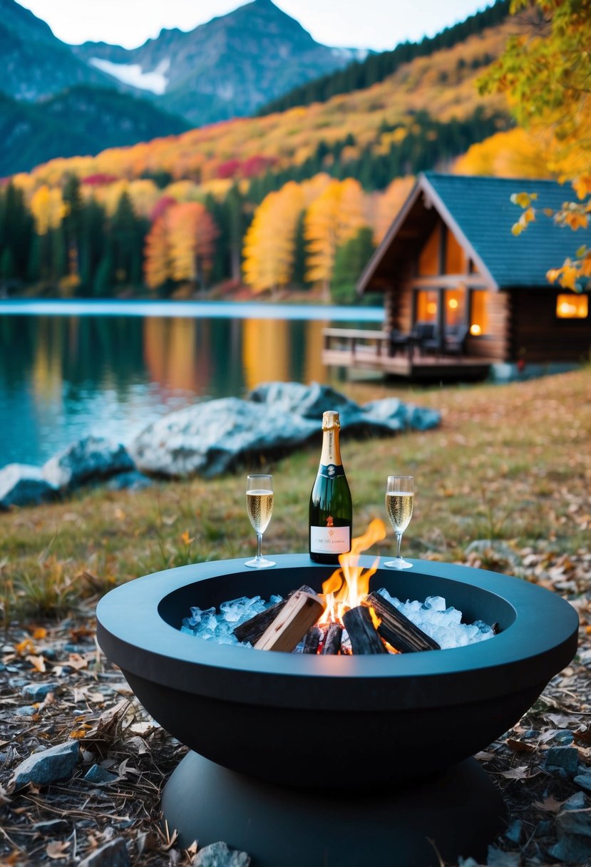 A cozy cabin nestled in the mountains, surrounded by colorful autumn foliage and a tranquil lake, with a crackling fire pit and a bottle of champagne on ice