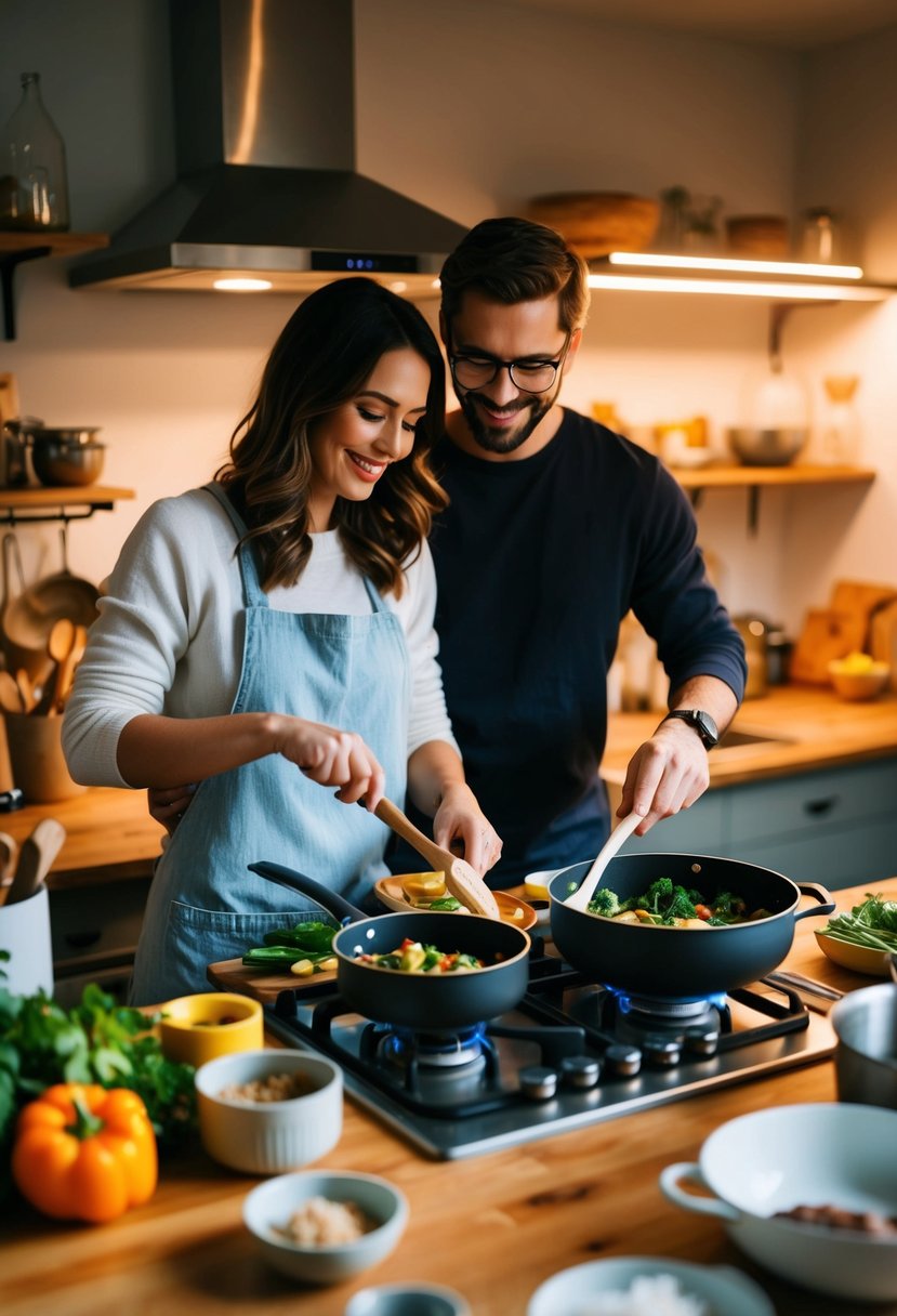 A couple prepares a meal together in a cozy kitchen, surrounded by pots, pans, and fresh ingredients. The warm glow of the stove illuminates their loving collaboration