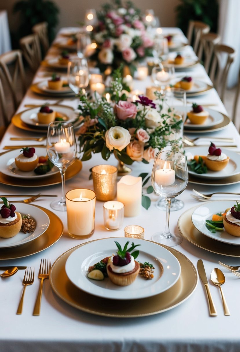 A beautifully set table with elegant place settings, adorned with a variety of delectable dishes and drinks, surrounded by floral centerpieces and soft candlelight