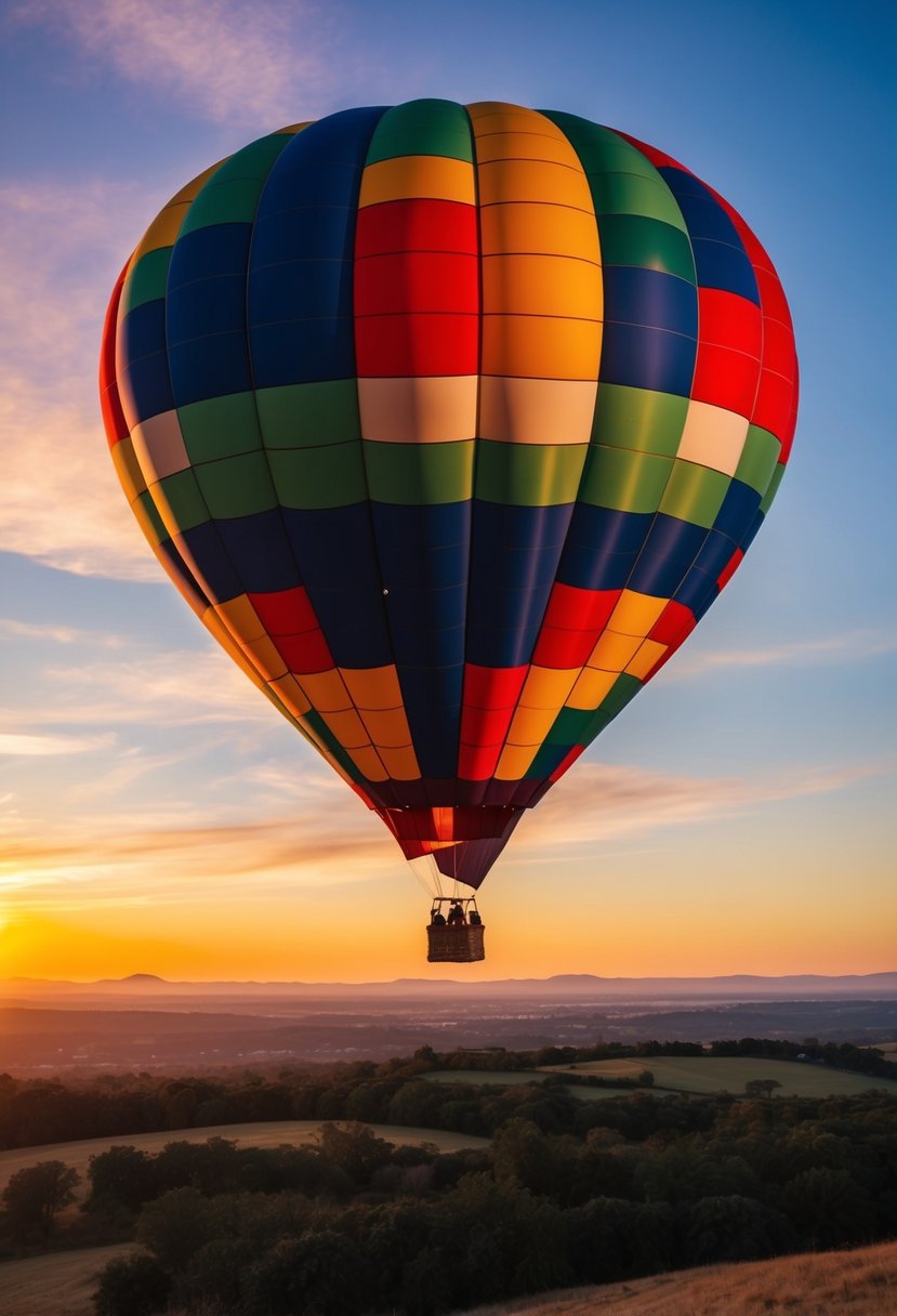 A colorful hot air balloon rises above a scenic landscape at sunset