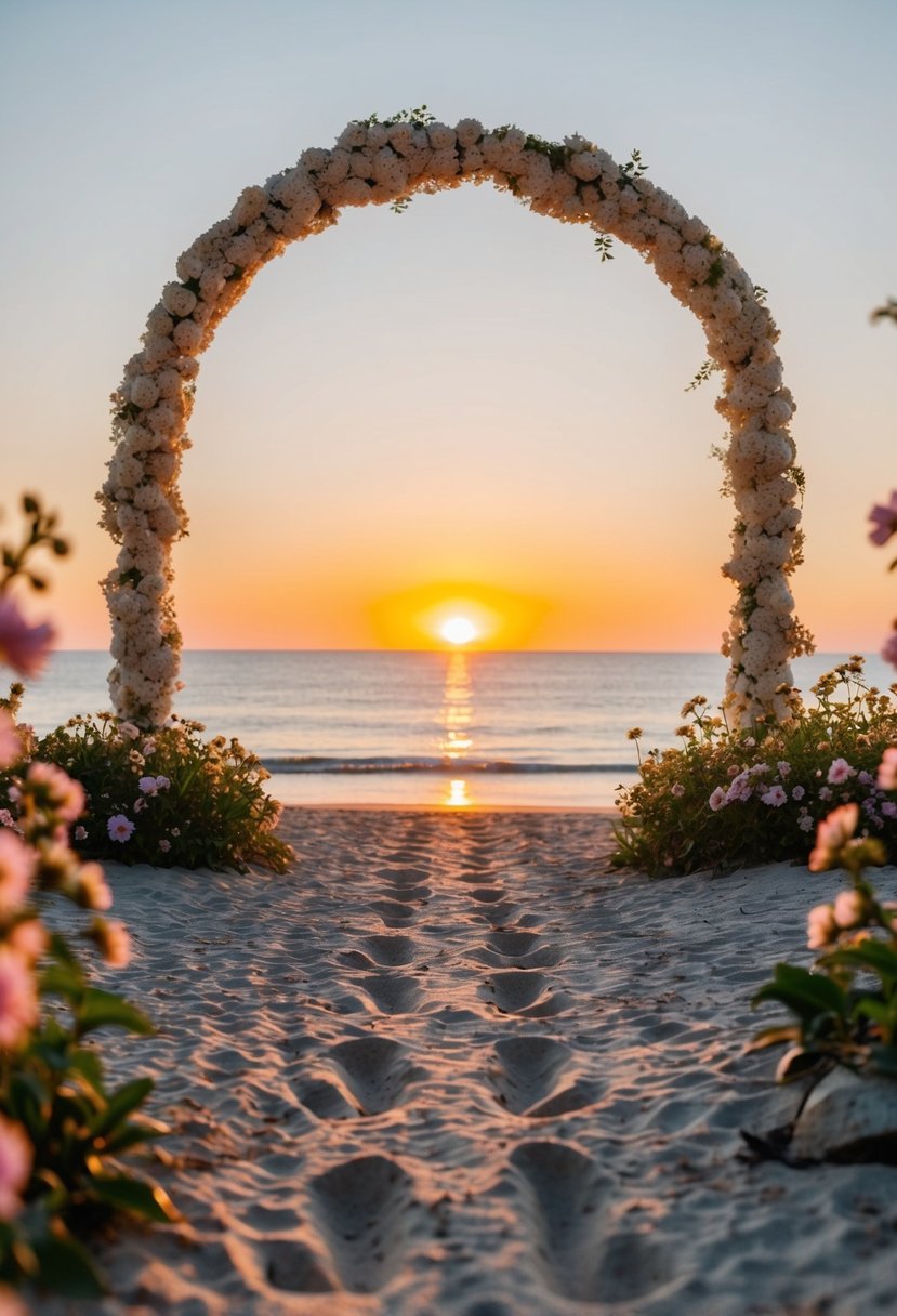 A serene beach at sunset with two sets of footprints leading towards the ocean, surrounded by blooming flowers and a beautiful archway