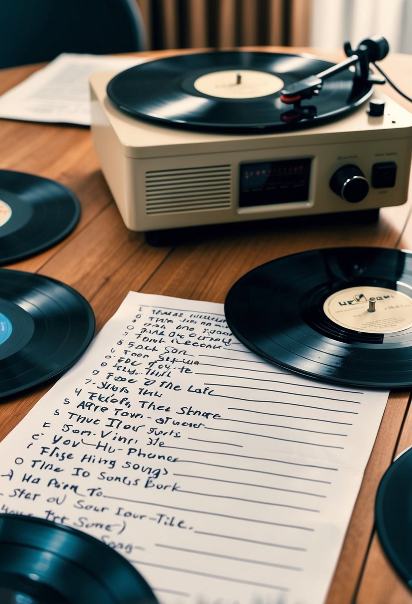 A table set with a vintage record player, surrounded by scattered vinyl records and a handwritten list of song titles