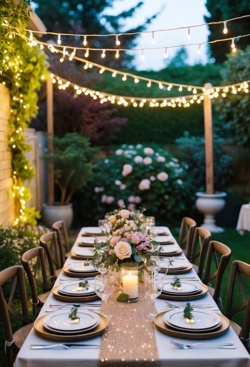 A cozy backyard garden lit with fairy lights, adorned with romantic floral decor, and a table set with elegant dinnerware for a themed anniversary party