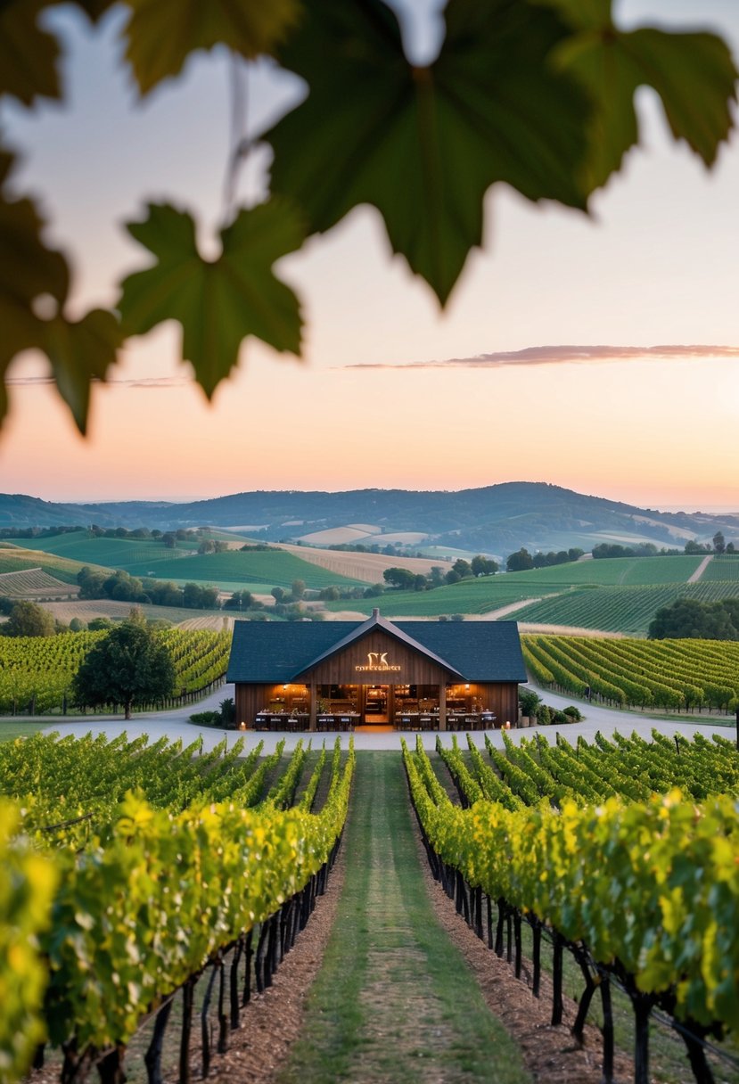 A scenic winery with rows of grapevines, a rustic tasting room, and a picturesque view of rolling hills and vineyards