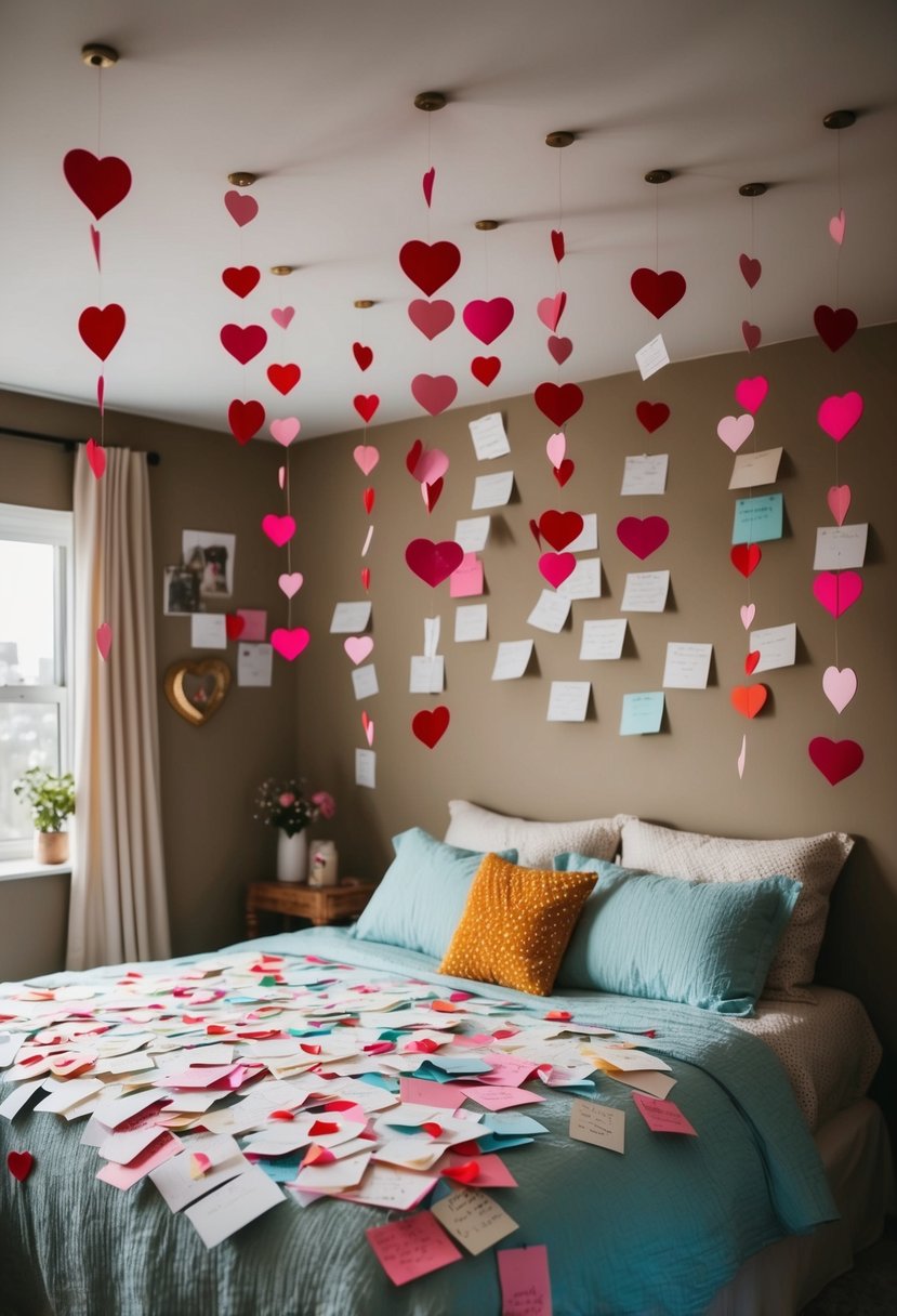 A cozy bedroom filled with love notes scattered across the bed, hanging from the ceiling, and tucked into every nook and cranny