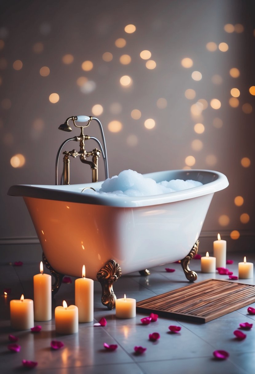 A luxurious bathtub filled with bubbles, surrounded by flickering candles and rose petals scattered on the floor