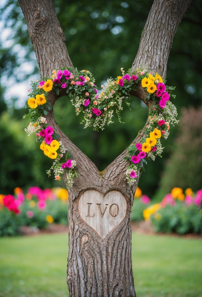 A heart-shaped tree with intertwined branches, surrounded by colorful flowers and a couple's initials carved into the trunk