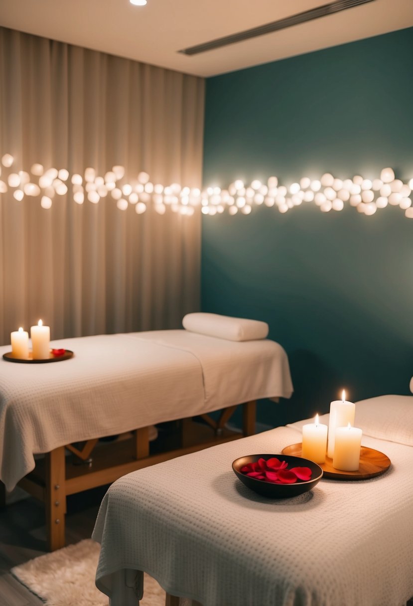 A serene spa room with two massage tables, soft lighting, and soothing music. Aromatherapy candles and a bowl of rose petals add to the romantic atmosphere