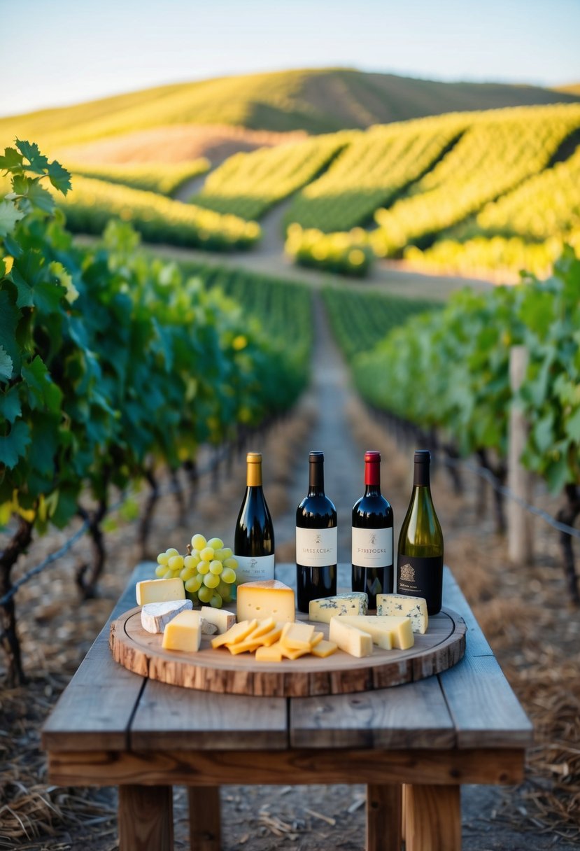 A rustic vineyard setting with a spread of assorted cheeses and wine bottles on a wooden table, surrounded by rolling hills and grapevines