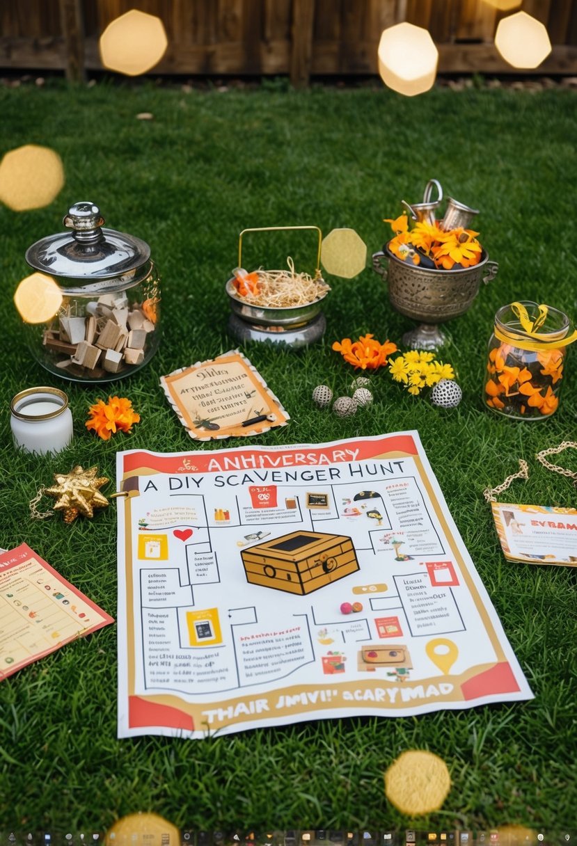 A backyard filled with hidden clues, a treasure map, and scattered anniversary-themed items for a DIY scavenger hunt