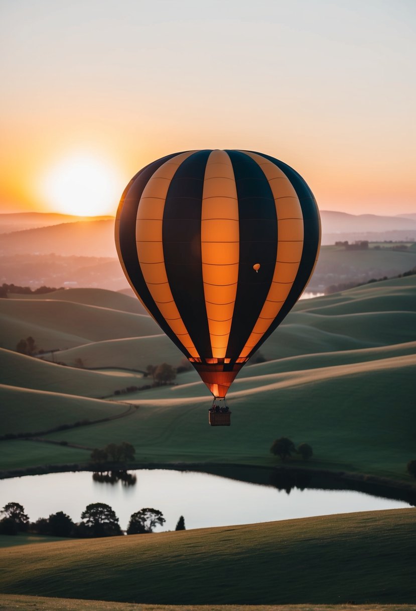 A hot air balloon floats over rolling hills and a serene lake, with the sun setting in the background, creating a romantic and picturesque scene