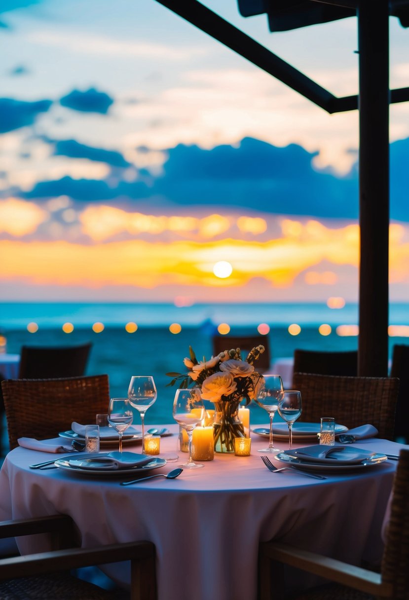 A cozy dinner at a beachfront restaurant with a sunset view and a table set with candles and flowers