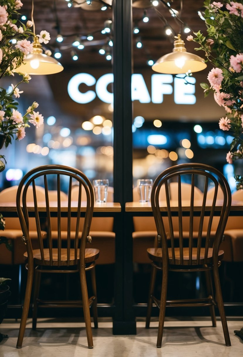 A cozy cafe with two empty chairs facing each other, surrounded by blooming flowers and twinkling lights