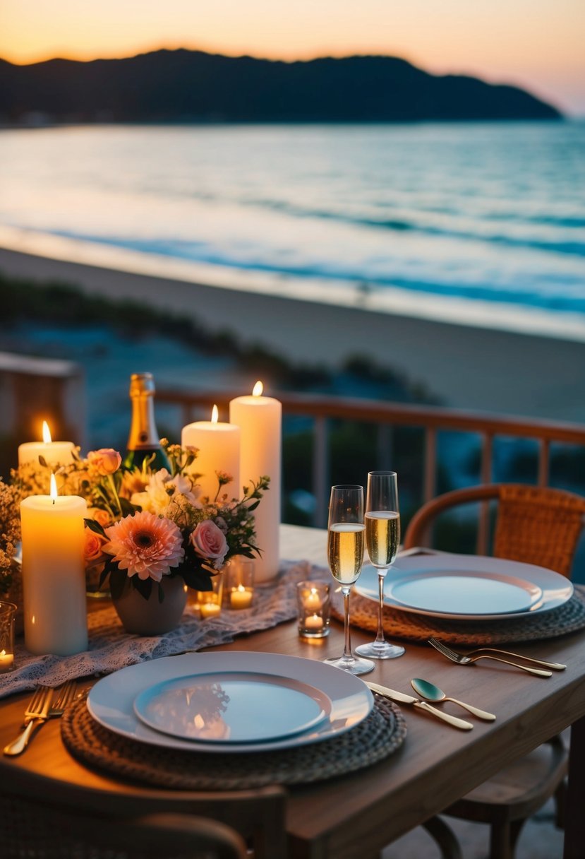 A cozy table set with candles, flowers, and champagne, overlooking a sunset beach