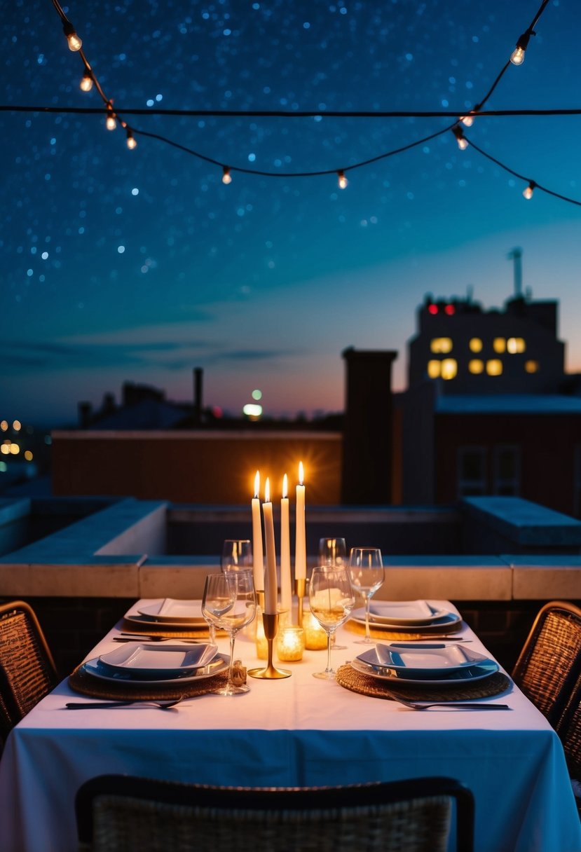 A candlelit table set with dinner under a starry night sky on a rooftop