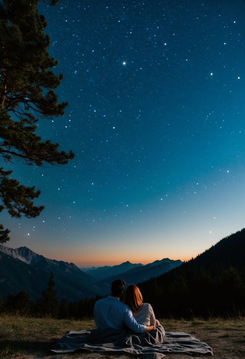 A couple lies on a blanket under a clear night sky, surrounded by mountains and trees, gazing up at the stars