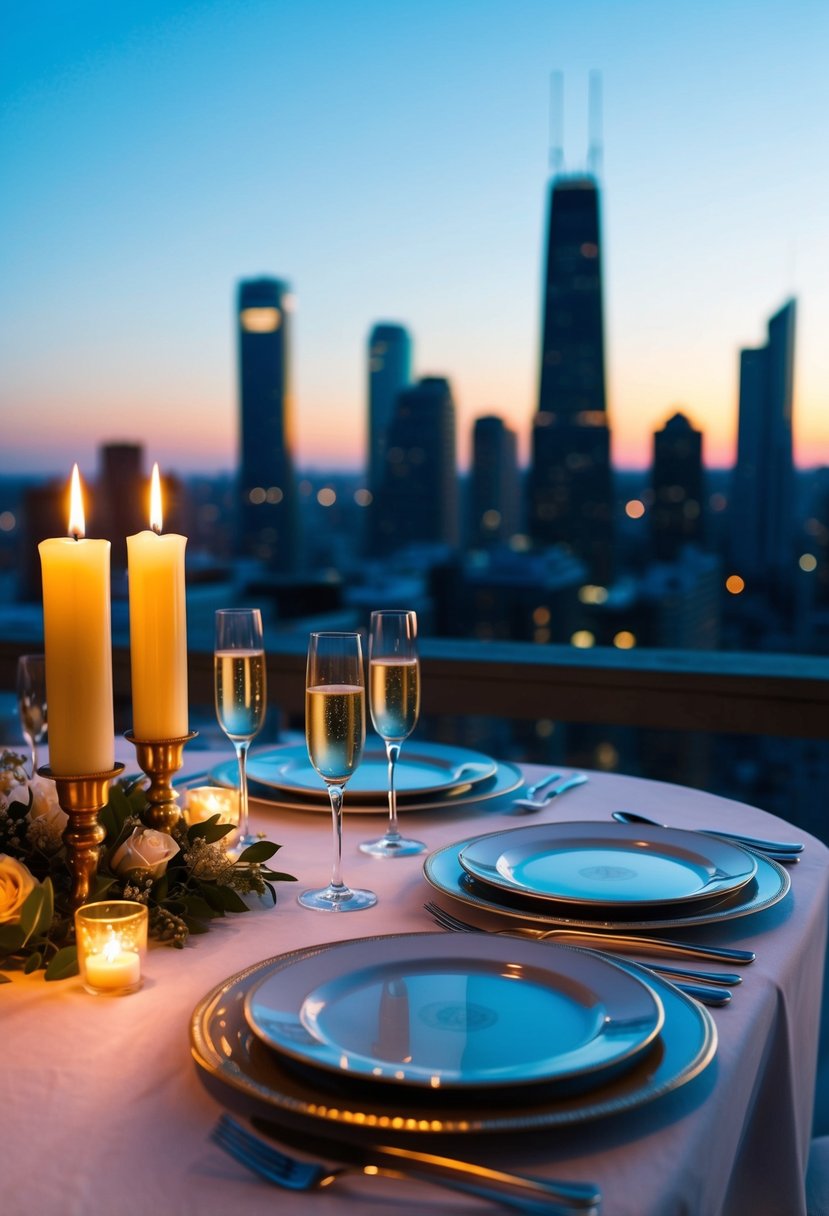 A candlelit table set with fine china and champagne, overlooking a city skyline at dusk