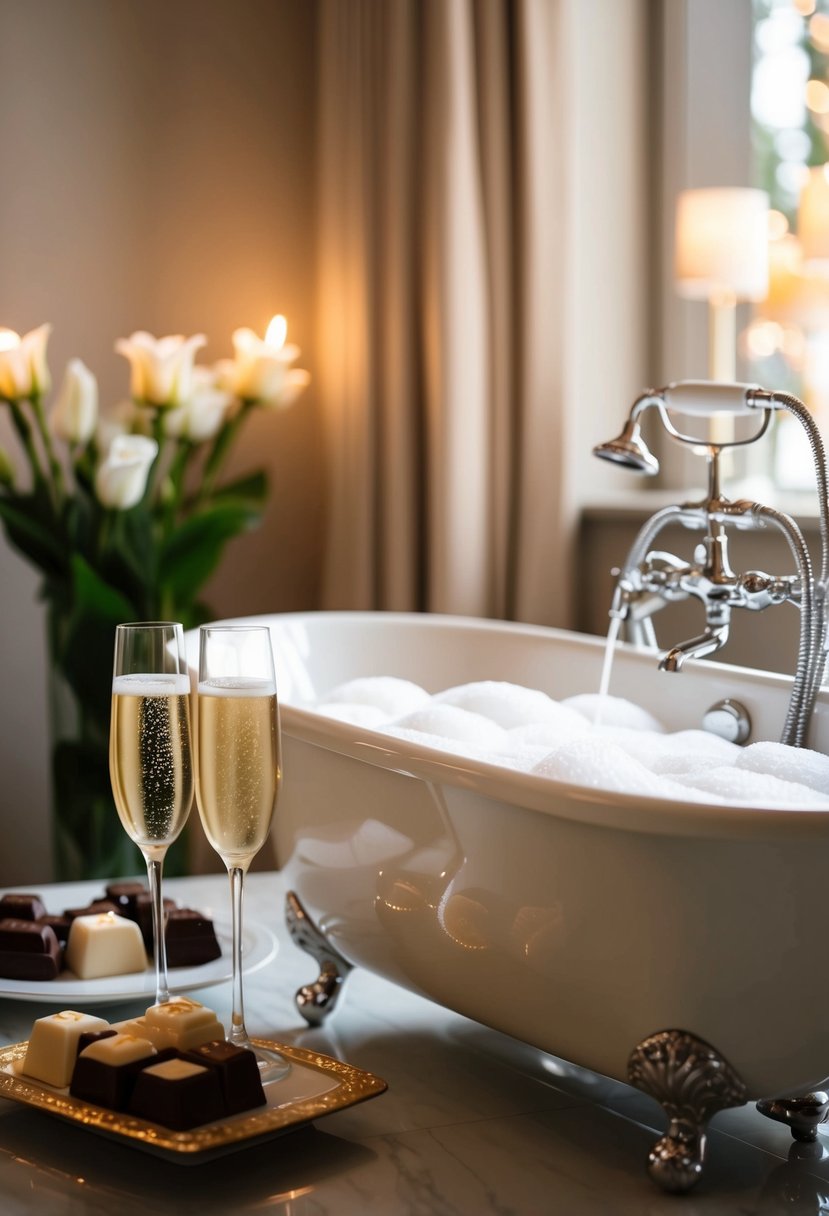 A luxurious bubble bath with champagne and chocolates awaits in a romantic setting for a 4th wedding anniversary celebration