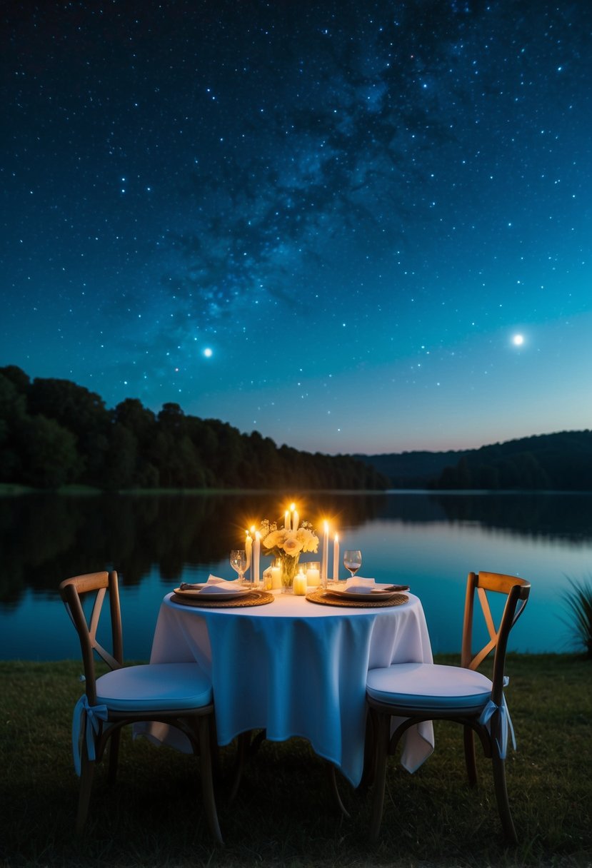 A cozy table set with candles and flowers under a starry sky by a tranquil lake