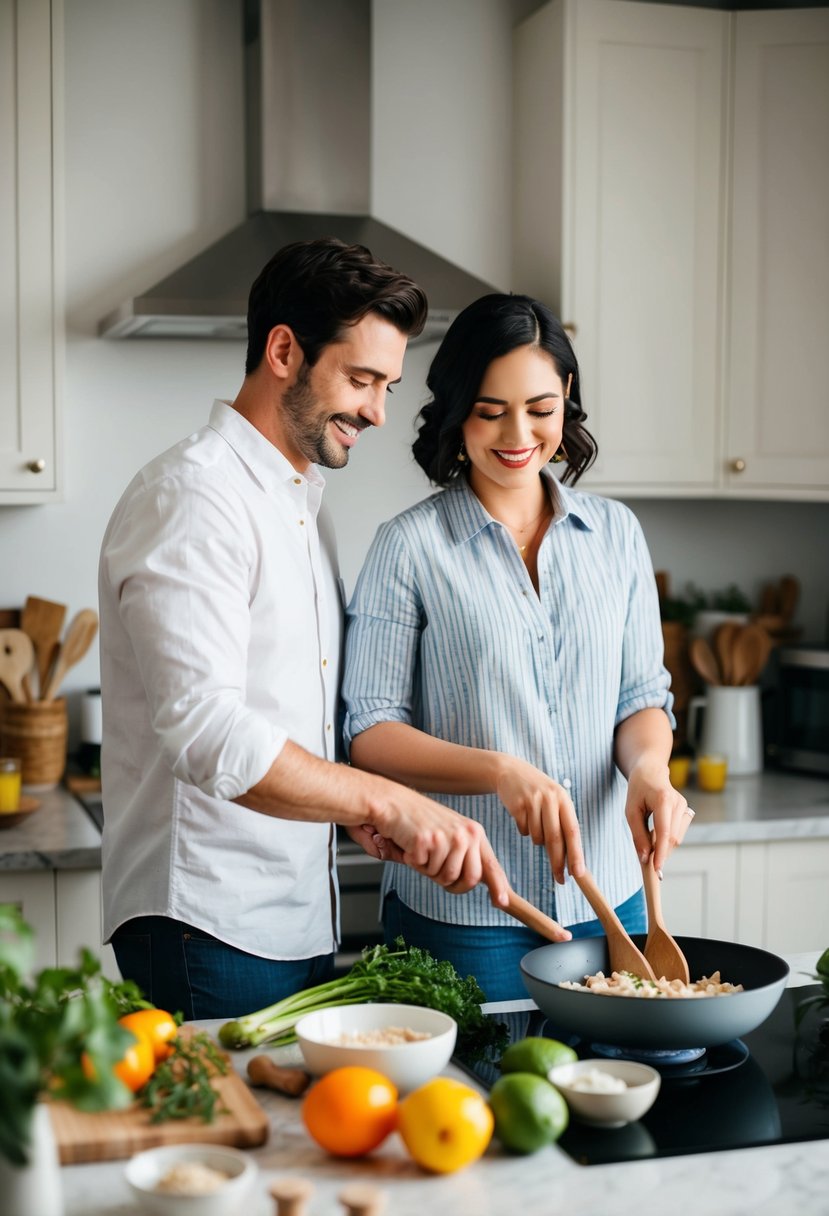 A couple stands side by side in a cozy kitchen, surrounded by fresh ingredients and cooking utensils. They work together to follow a new recipe, celebrating their 7th wedding anniversary