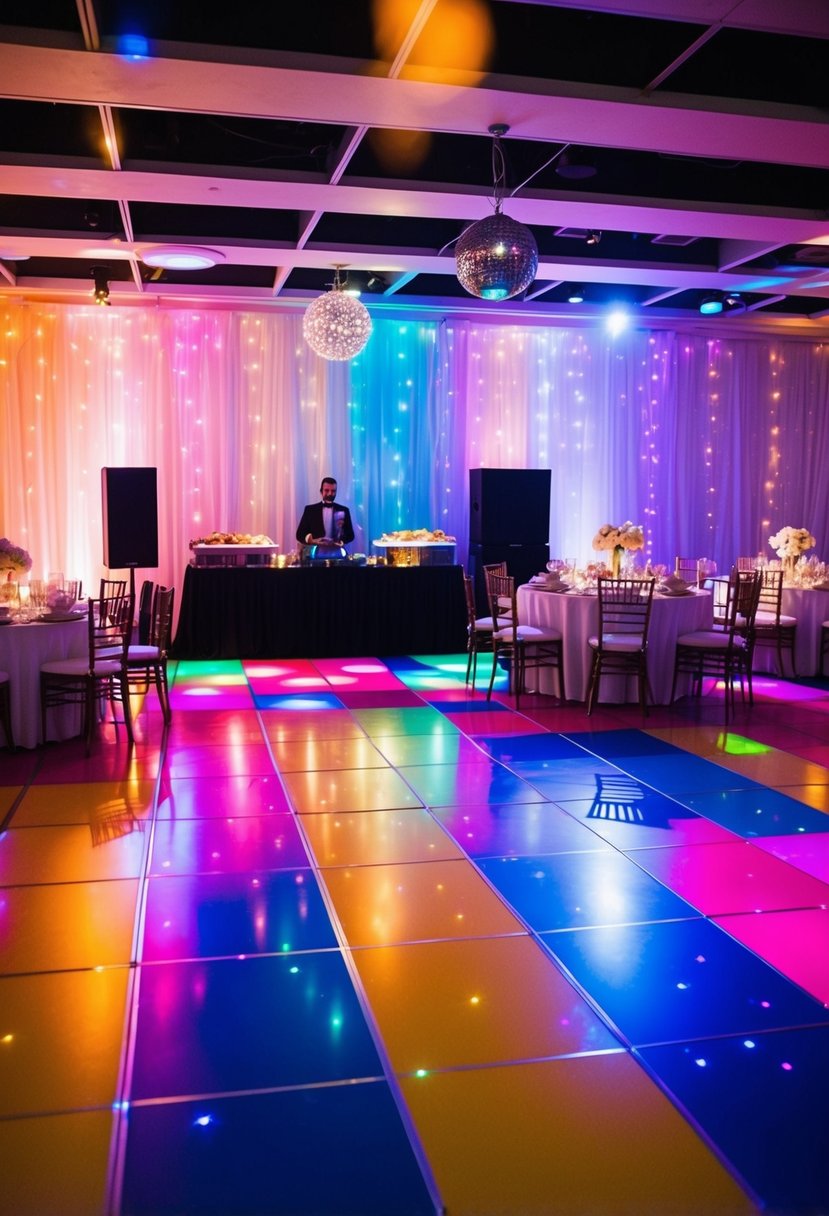 A colorful, festive dance floor with twinkling lights, a disco ball, and a DJ booth. Tables adorned with romantic centerpieces and a buffet of hors d'oeuvres