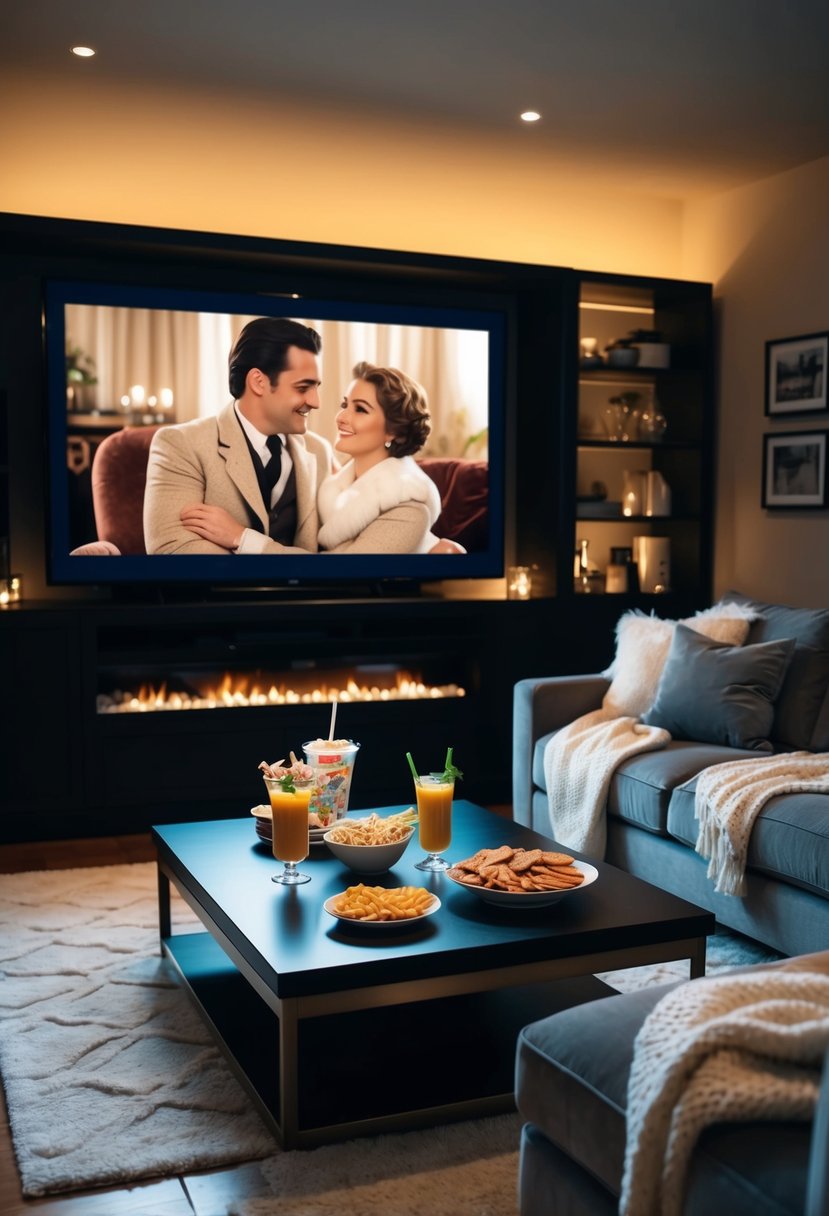 A dimly lit living room with a plush sofa, soft blankets, and a coffee table adorned with snacks and drinks. A large TV screen displays a classic romance film