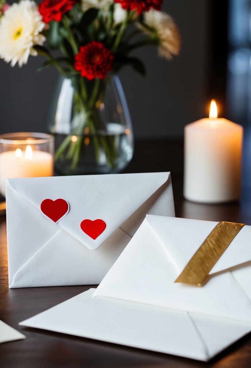 Two envelopes on a table, one sealed with a red heart sticker, the other with a gold ribbon. A vase of flowers and a candle in the background