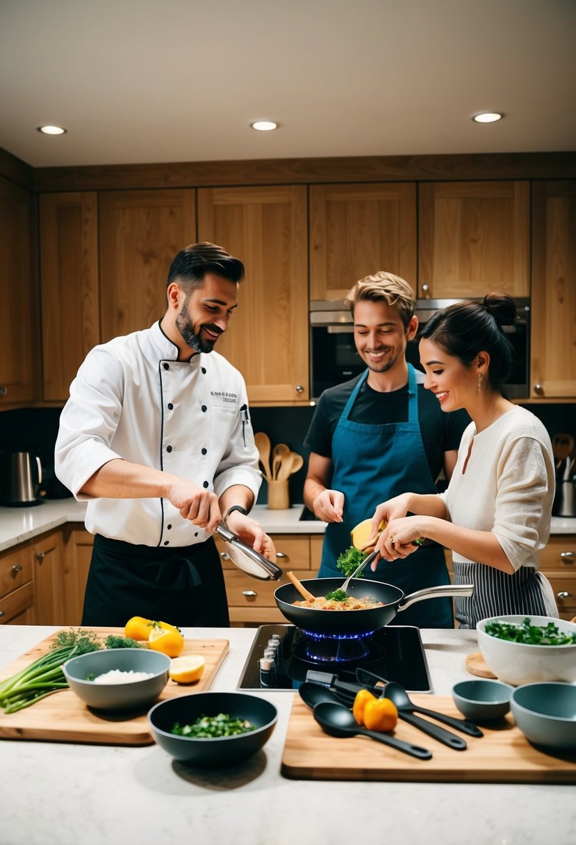 A cozy kitchen with two sets of cooking utensils and ingredients laid out on a countertop, a chef demonstrating a dish to a couple at a cooking class