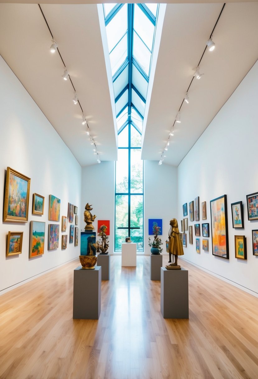 A bright, spacious art gallery filled with colorful paintings and sculptures, with natural light streaming in through large windows