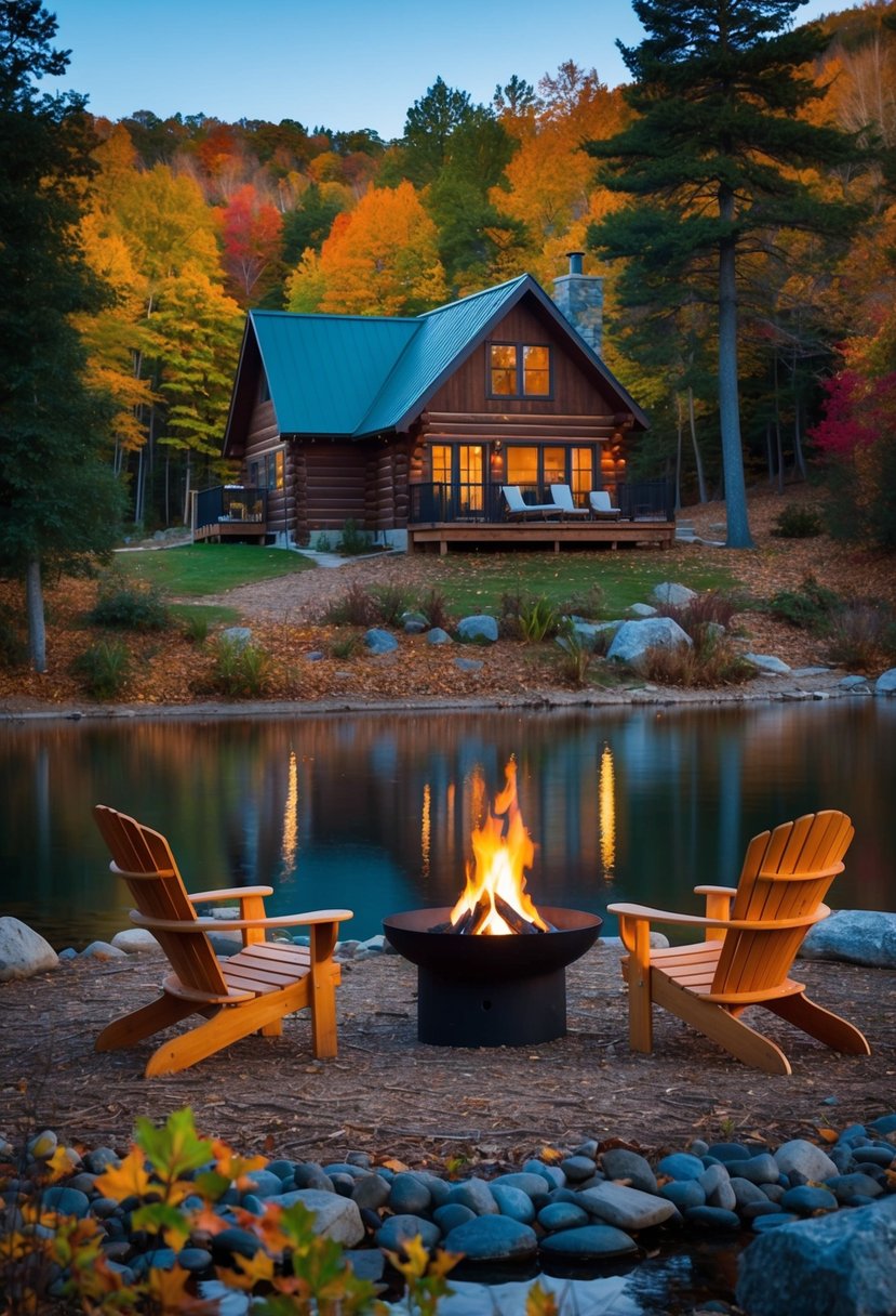 A cozy cabin nestled in a forest clearing, surrounded by colorful autumn foliage and a tranquil lake. A crackling fire pit and two Adirondack chairs invite relaxation