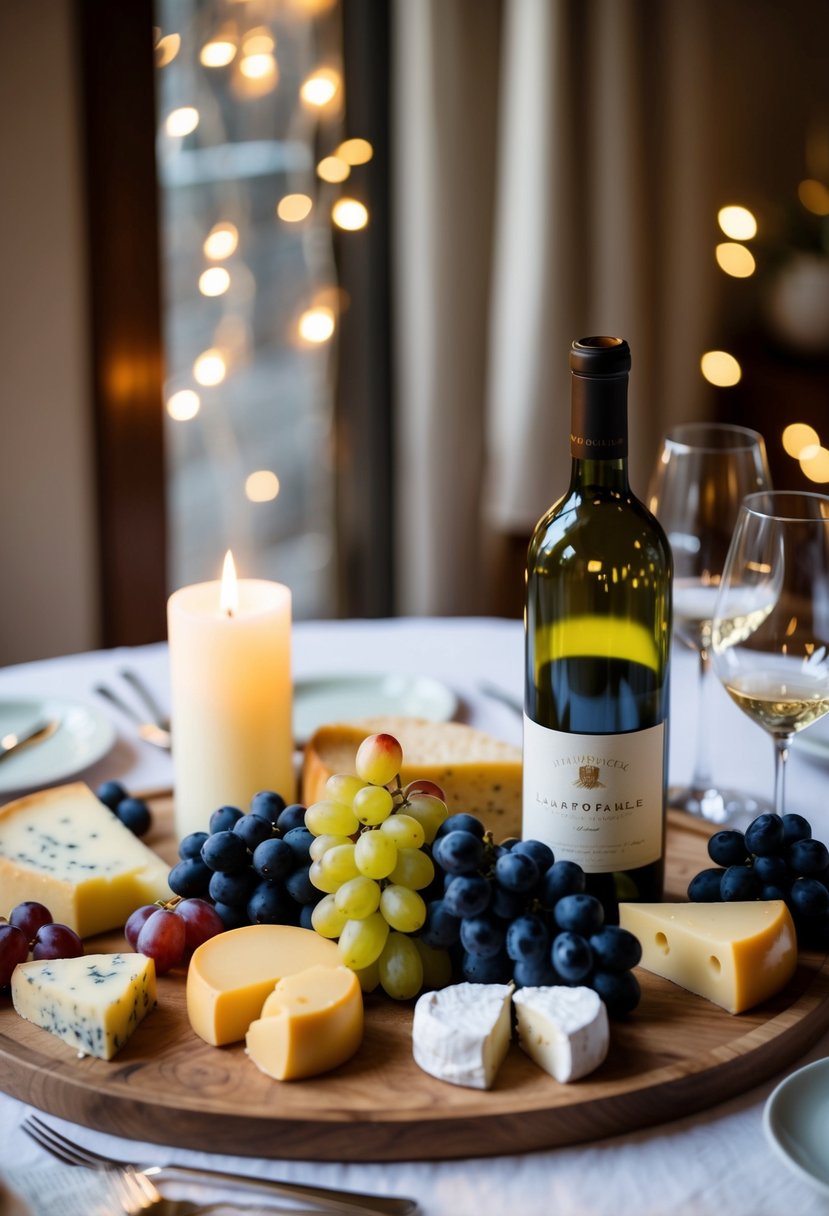 A cozy table set with a variety of cheeses, grapes, and a bottle of wine. Soft candlelight and a floral centerpiece create a romantic atmosphere