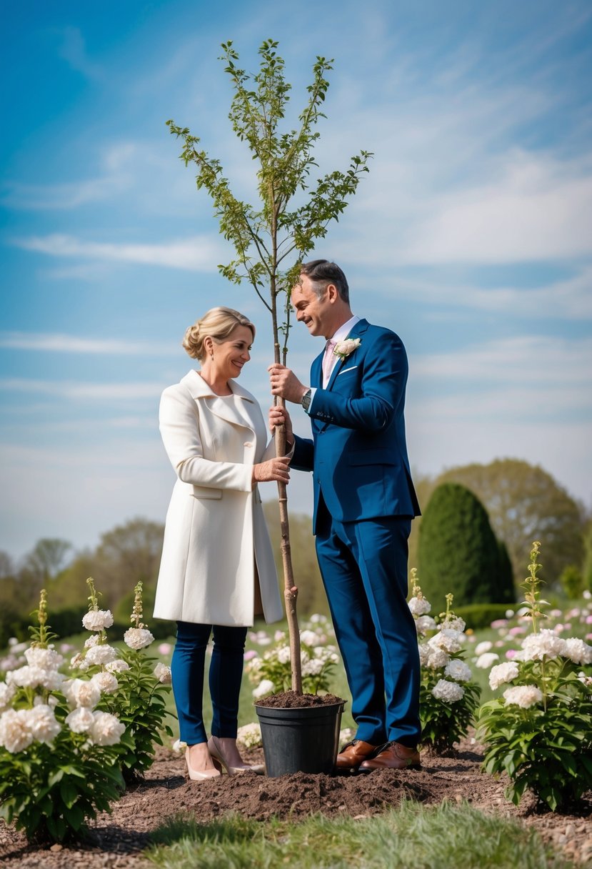 A couple plants a young tree together, surrounded by blooming flowers and a clear blue sky, to commemorate their 20th wedding anniversary