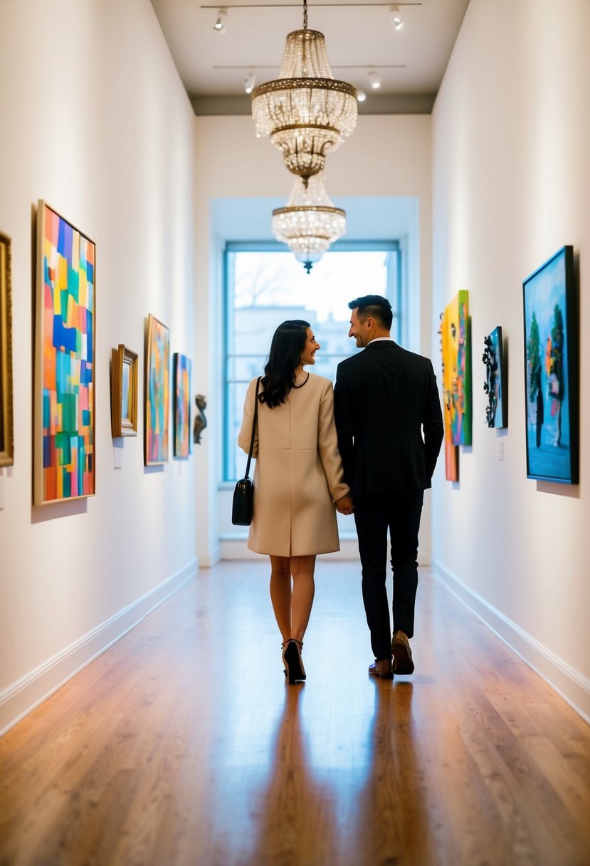 A couple strolls through an art gallery, admiring colorful paintings and sculptures. The room is filled with soft lighting, creating a peaceful and romantic atmosphere