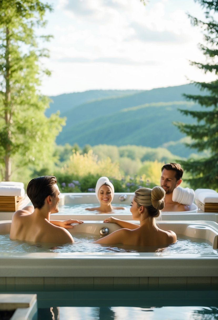 A serene spa retreat with couples enjoying massages, hot tubs, and scenic views of nature