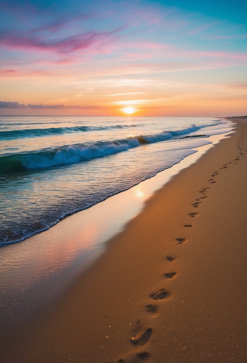 A serene beach with gentle waves, golden sand, and a colorful sky as the sun sets over the horizon, creating a romantic atmosphere for a 20th wedding anniversary walk