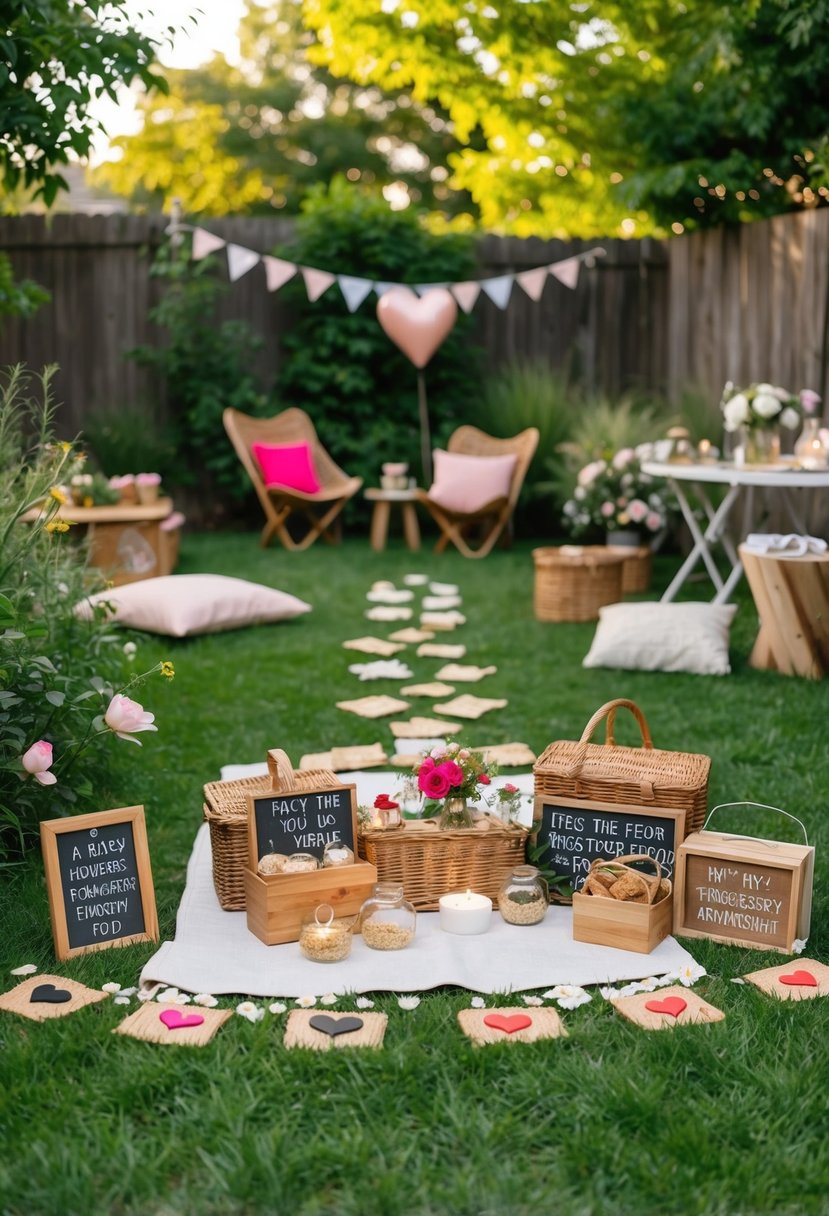 A backyard filled with romantic clues and hidden treasures, leading to a cozy picnic spot for a 4th wedding anniversary celebration