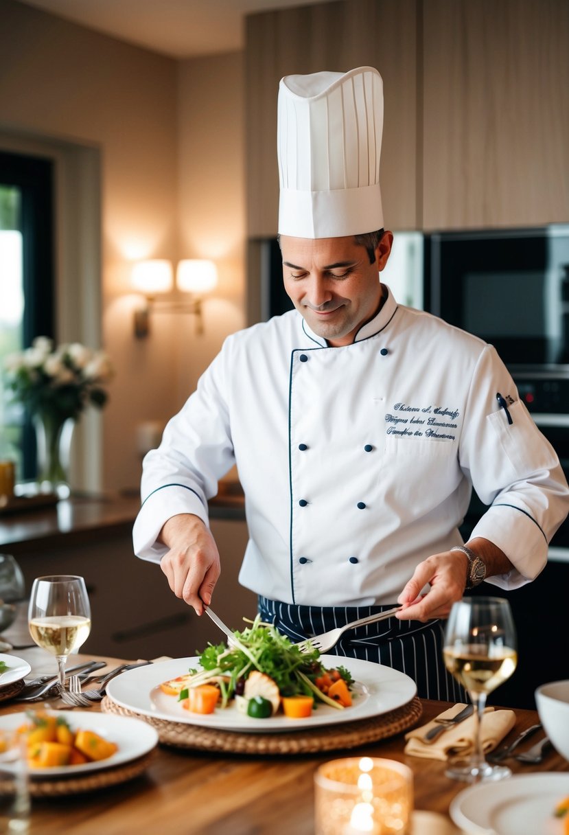 A private chef prepares a romantic dinner in a cozy home setting for a 20th wedding anniversary celebration