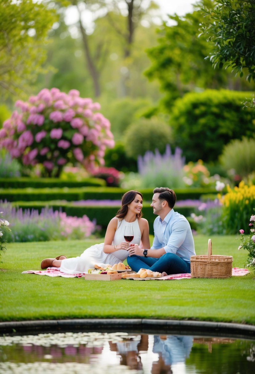 A couple enjoying a romantic picnic in a lush garden, surrounded by blooming flowers and a serene pond