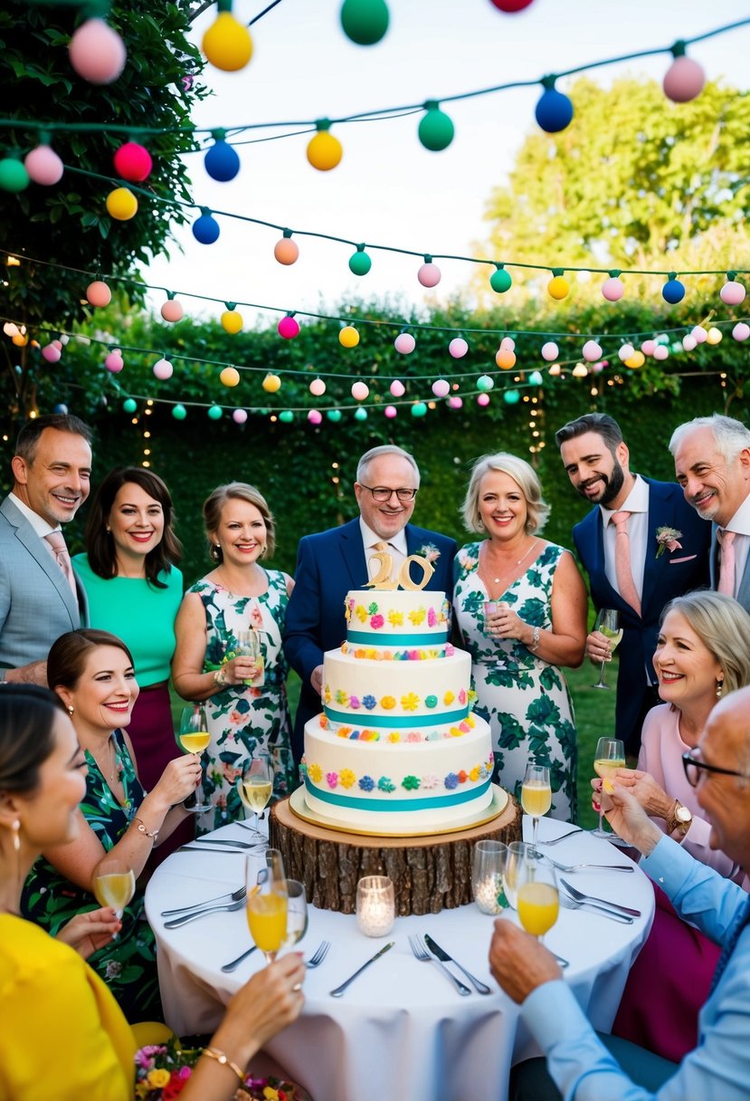 A festive garden party with colorful decorations, string lights, and a large anniversary cake surrounded by close friends celebrating a 20th wedding anniversary