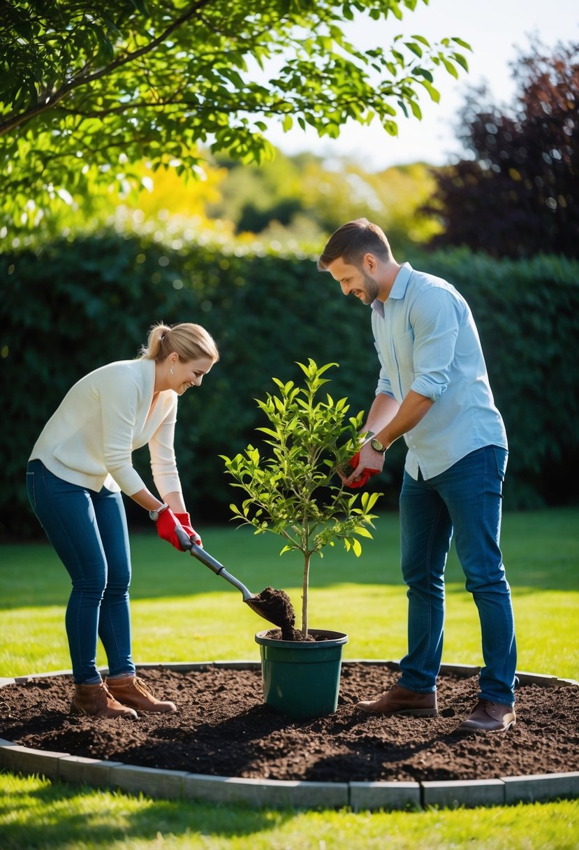 A couple plants a tree together in a lush, sunlit garden