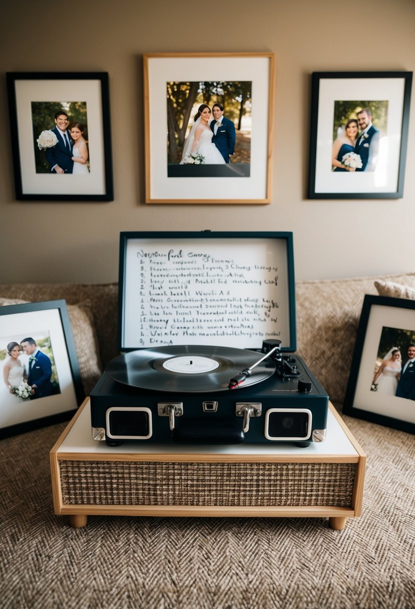 A cozy living room with a record player, surrounded by framed wedding photos and a handwritten list of meaningful songs