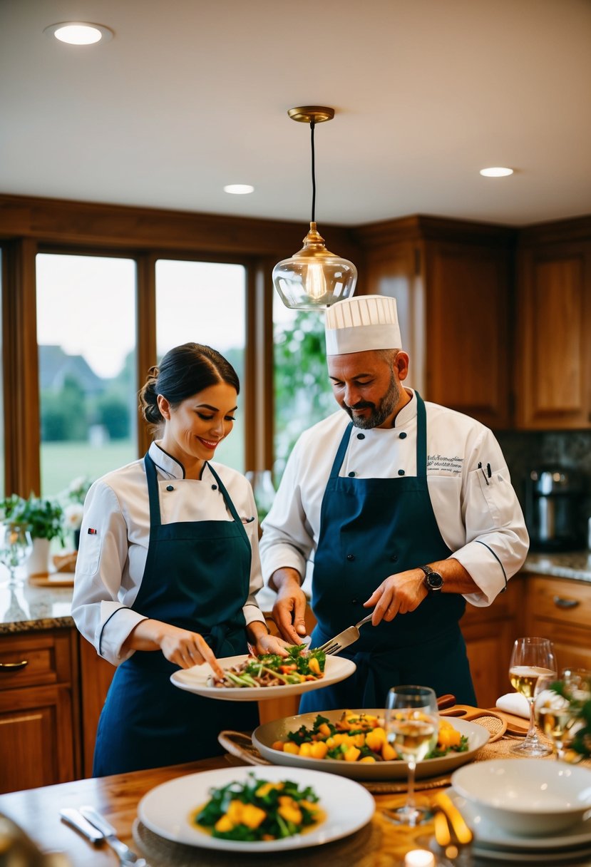 A private chef prepares a romantic dinner at a cozy home for a couple celebrating their 4th wedding anniversary