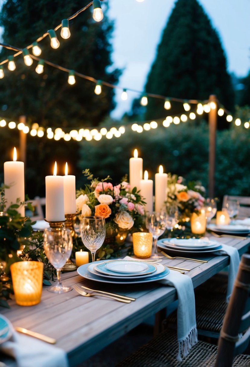 A cozy outdoor dinner setting with a table adorned with candles, flowers, and elegant dinnerware, surrounded by twinkling lights and greenery