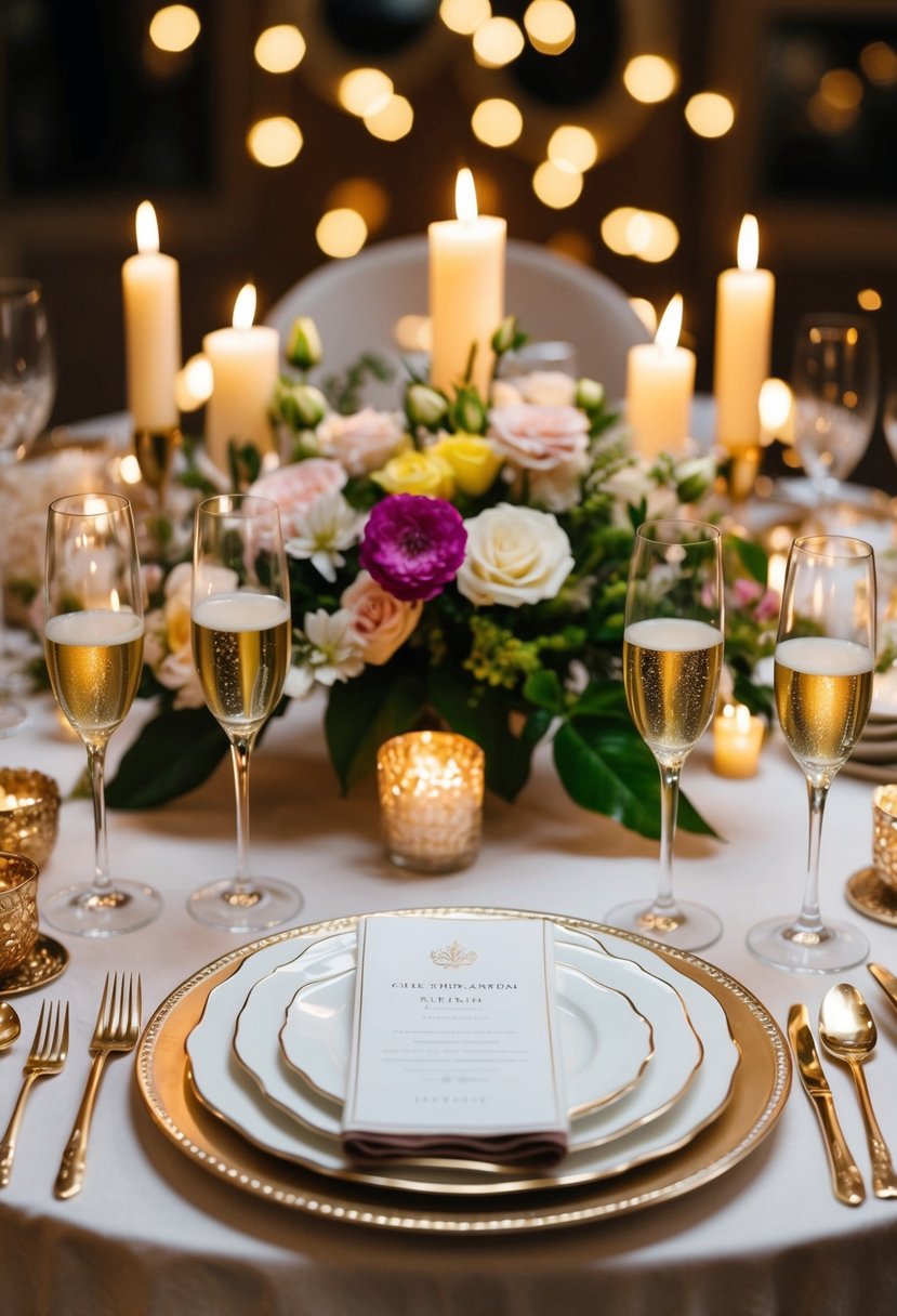 A beautifully set dining table with champagne, flowers, and elegant tableware, surrounded by romantic candlelight