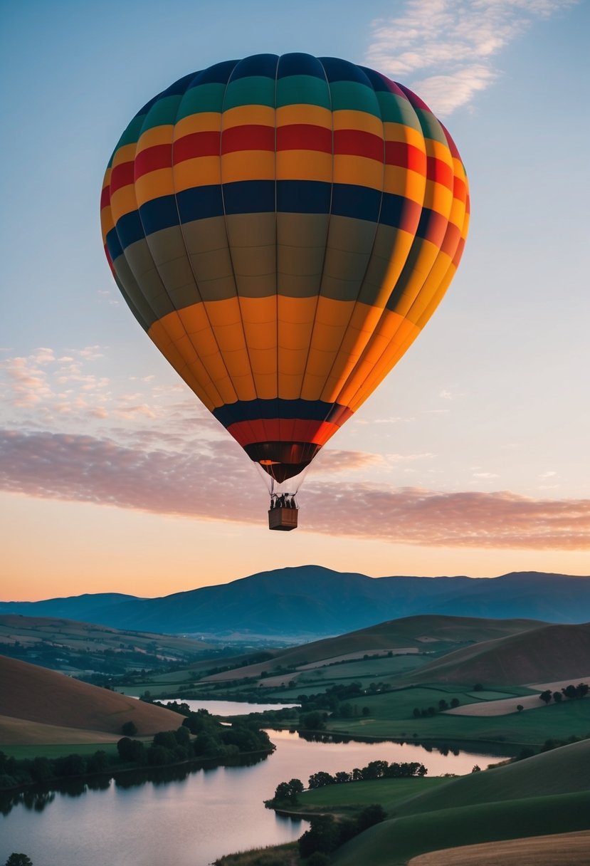 A colorful hot air balloon floats over rolling hills and a serene lake at sunset